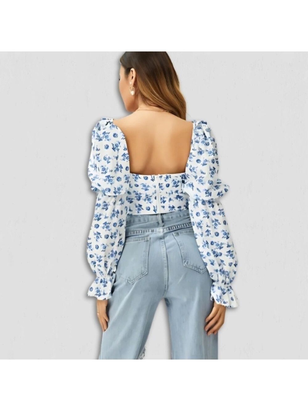 Vintage Y2K Floral Cropped Top Blue and White Medium - Picture 2 of 13